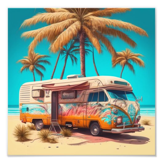 Retro RV en palmbomen Foto Afdruk (Voorkant)