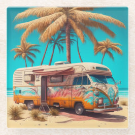 Retro RV en palmbomen Glazen Onderzetter
