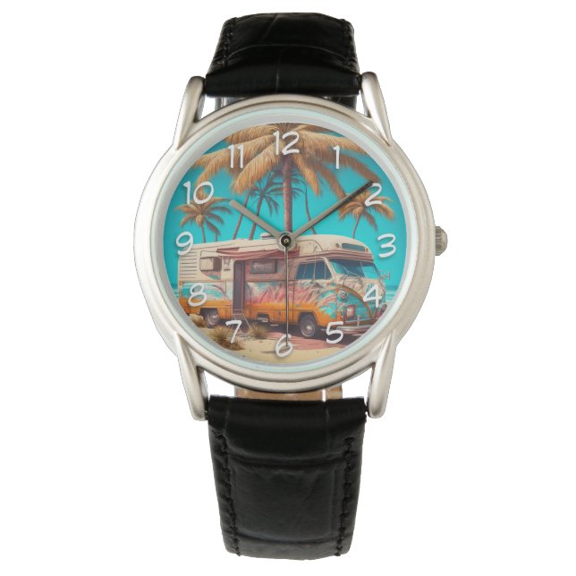 Retro RV en palmbomen Horloge (Voorkant)