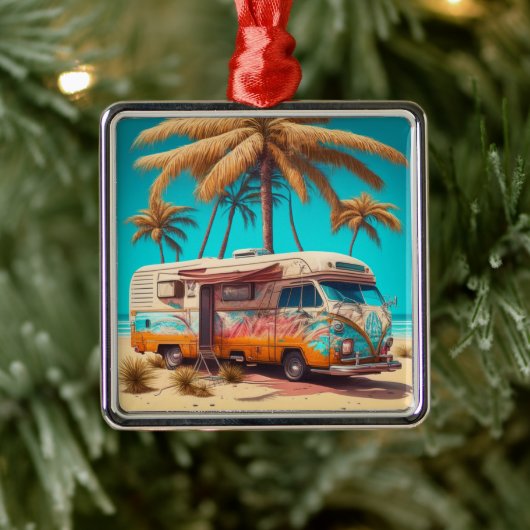 Retro RV en palmbomen Metalen Ornament (Boom)