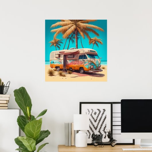 Retro RV en palmbomen Poster (Thuiskantoor)