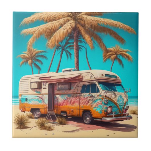 Retro RV en palmbomen Tegeltje (Voorkant)