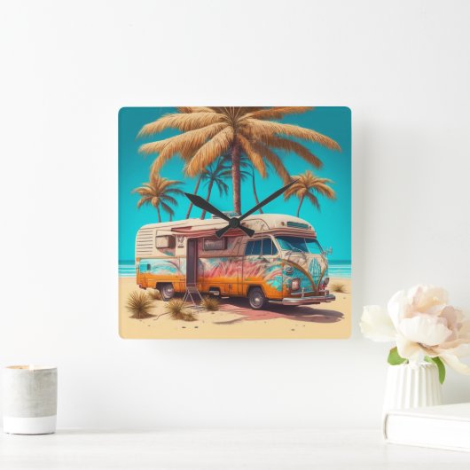 Retro RV en palmbomen Vierkante Klok (Huis)