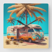 Retro RV en palmbomen Vierkante Klok (Voorkant)