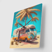 Retro RV en palmbomen Vierkante Klok (Hoek)