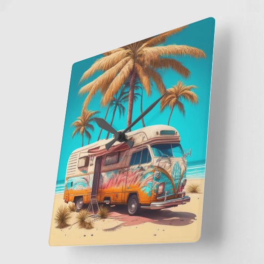 Retro RV en palmbomen Vierkante Klok (Hoek)