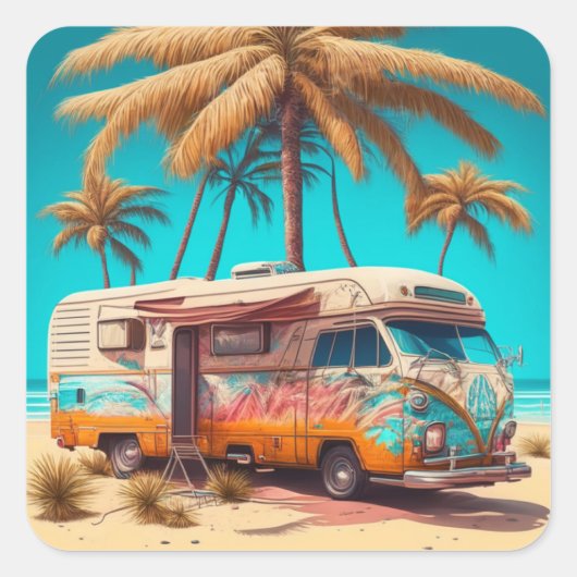 Retro RV en palmbomen Vierkante Sticker (Voorkant)