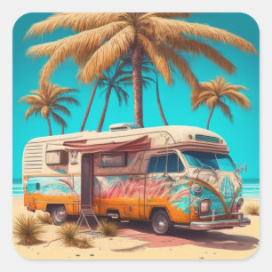 Retro RV en palmbomen Vierkante Sticker