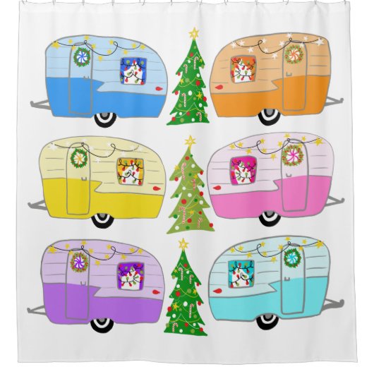 Retro RV Motorhome Trailer Camper Kerstmis Douchegordijn (Voorkant)