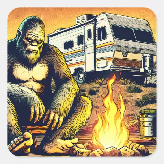 Retro RV Sasquatch Camping Vierkante Sticker (Voorkant)