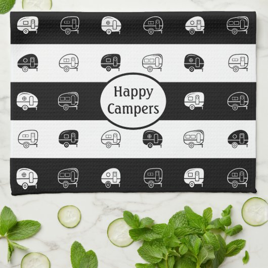 Retro RV Trailer Happy Campers Black & White Theedoek (Gevouwen)