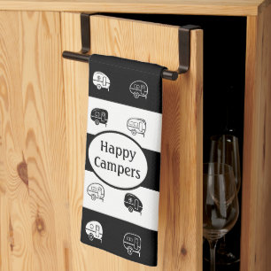 Retro RV Trailer Happy Campers Black & White Theedoek