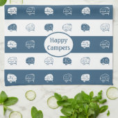 Retro RV Trailer Happy Campers Dusty Blue & White Theedoek (Gevouwen)