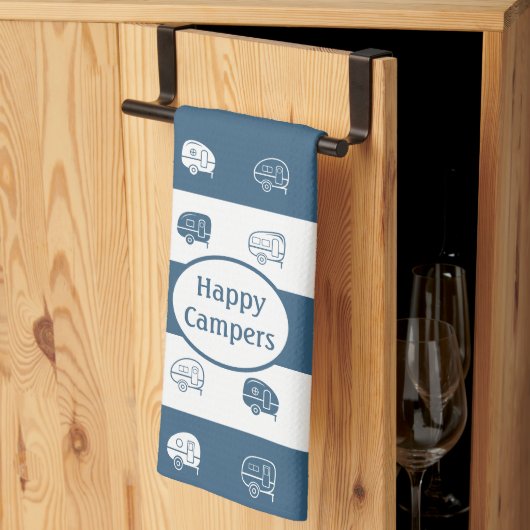 Retro RV Trailer Happy Campers Dusty Blue & White Theedoek (Derde Gevouwen)