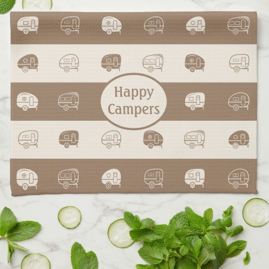 Retro RV Trailer Happy Campers Light Brown & Cream Theedoek (Gevouwen)