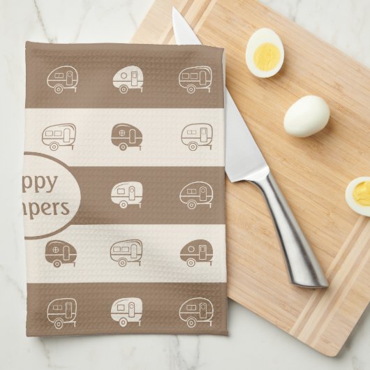 Retro RV Trailer Happy Campers Light Brown & Cream Theedoek (Quarter Fold)