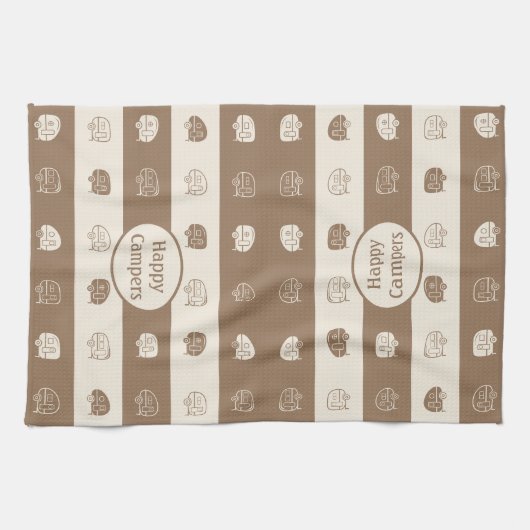 Retro RV Trailer Happy Campers Light Brown & Cream Theedoek (Horizontaal)