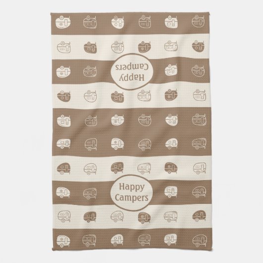 Retro RV Trailer Happy Campers Light Brown & Cream Theedoek (Verticaal)