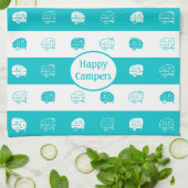 Retro RV Trailer Happy Campers Turquoise & White Theedoek (Gevouwen)