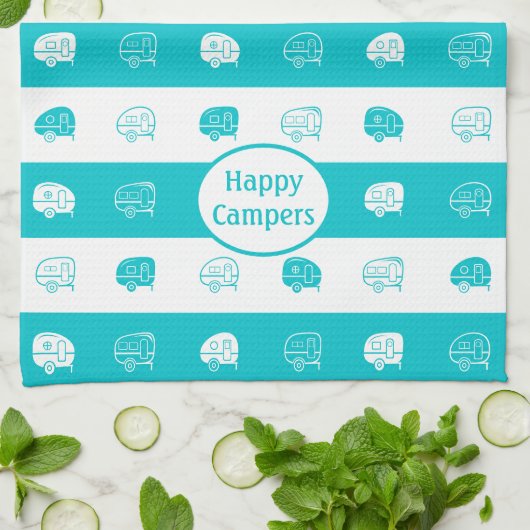 Retro RV Trailer Happy Campers Turquoise & White Theedoek (Gevouwen)
