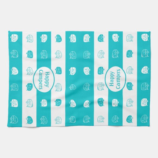 Retro RV Trailer Happy Campers Turquoise & White Theedoek (Horizontaal)