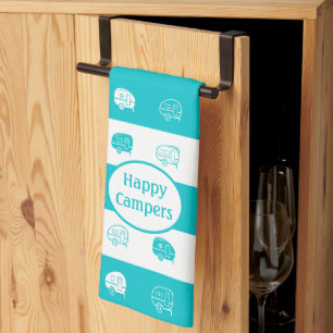 Retro RV Trailer Happy Campers Turquoise & White Theedoek