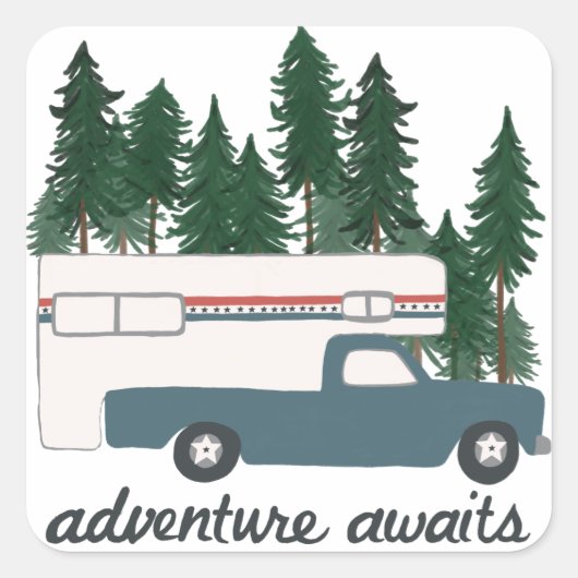 Retro RV Truck Camper RVing Adventure Vierkante Sticker (Voorkant)