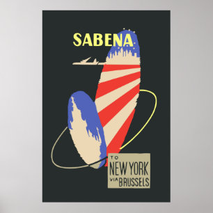 Retro Sabena Airlines naar New York via Brussel Poster