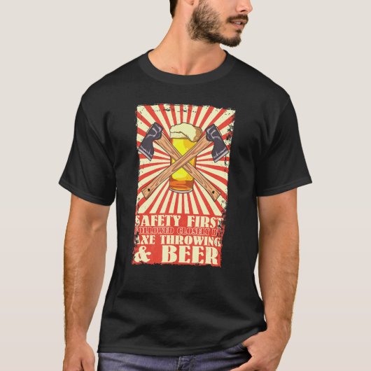 Retro Safety First Ax Throwing and Beer Viking T-shirt (Voorkant)