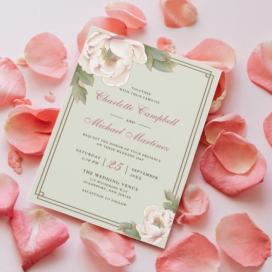 Retro Sage en Blush Wedding Peony Floral Kaart