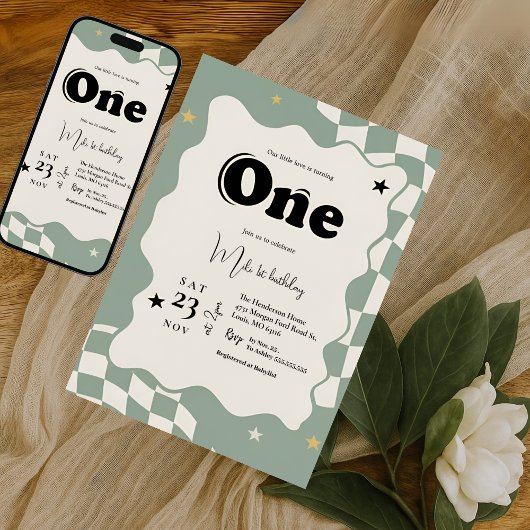 Retro Sage Green Checkered Groovy One 1st Birthday Kaart