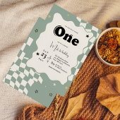 Retro Sage Green Checkered Groovy One 1st Birthday Kaart