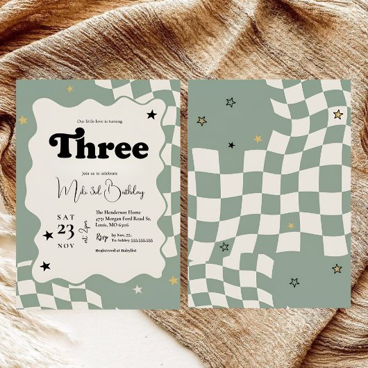 Retro Sage Green Checkered Young Wild 3rd Birthday Kaart