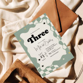 Retro Sage Green Checkered Young Wild 3rd Birthday Kaart