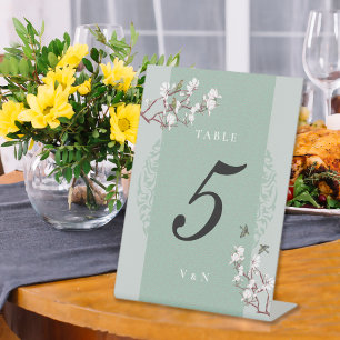 Retro Sage Green Chinoiserie Table Number Reclamebord Met Voetstuk