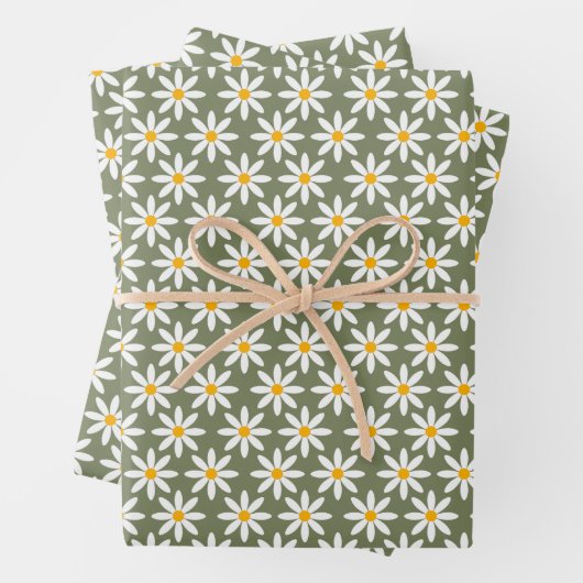 Retro Sage Green Daisies Floral Pattern Inpakpapier Vel (In situ)
