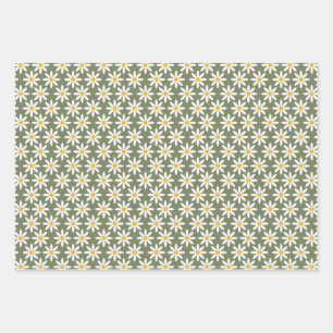 Retro Sage Green Daisies Floral Pattern Inpakpapier Vel