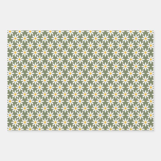 Retro Sage Green Daisies Floral Pattern Inpakpapier Vel (Voorkant)