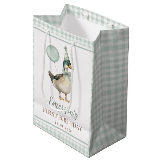 Retro Sage Green One Lucky Duck 1e verjaardag Medium Cadeauzakje (Voorkant Gekanteld)