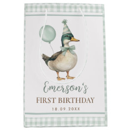 Retro Sage Green One Lucky Duck 1e verjaardag Medium Cadeauzakje