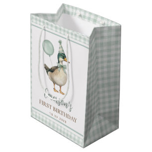 Retro Sage Green One Lucky Duck 1e verjaardag Medium Cadeauzakje