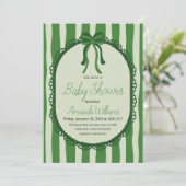 Retro Sage Green Stripes Bow Baby Shower Kaart (Staand voorkant)