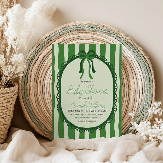 Retro Sage Green Stripes Bow Baby Shower Kaart