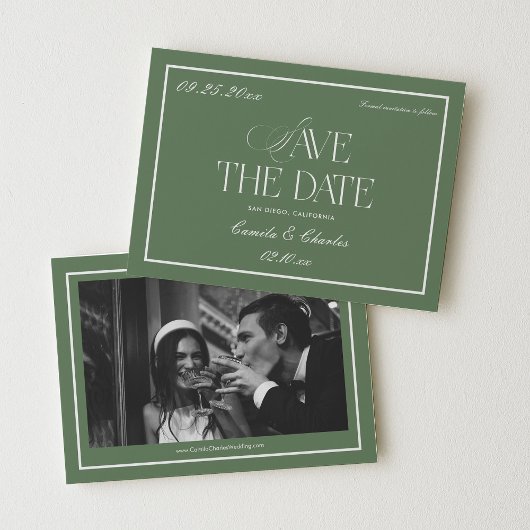 Retro Sage Green Wedding Save the date Photo Kaart