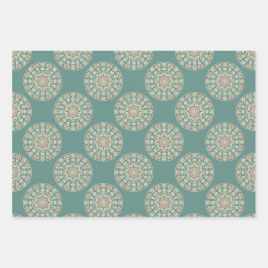 Retro Sage & Sand Bloemen Polka Dot Mandala Inpakpapier Vel (Voorkant)