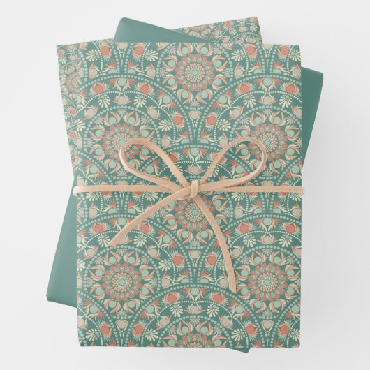 Retro Sage & Sand Mandala Art Deco Scallop Inpakpapier Vel (In situ)