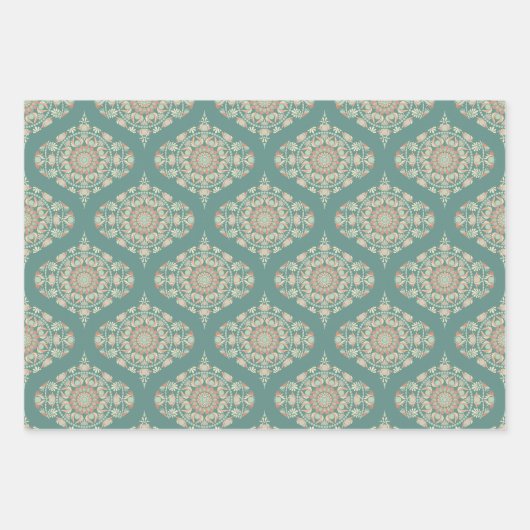 Retro Sage & Sand Mandala Ogee Damask Inpakpapier Vel (Voorkant)