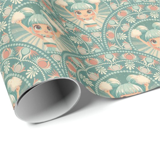 Retro Sage & Zand Cheerleader Mandala Deco Scallop Cadeaupapier (Rol Hoek)