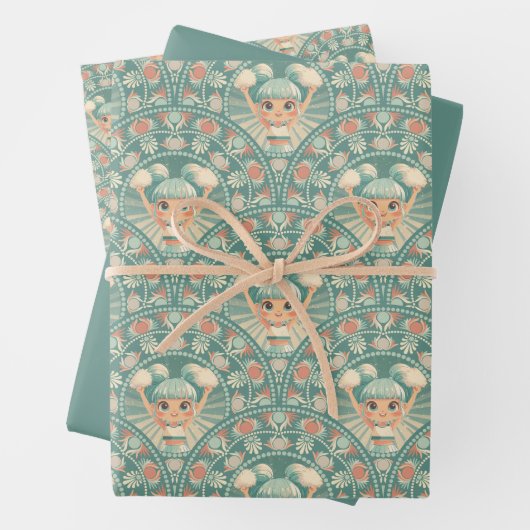 Retro Sage & Zand Cheerleader Mandala Deco Scallop Inpakpapier Vel (In situ)