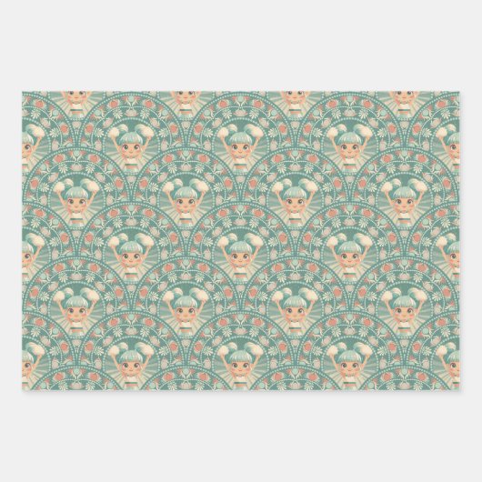 Retro Sage & Zand Cheerleader Mandala Deco Scallop Inpakpapier Vel (Voorkant)